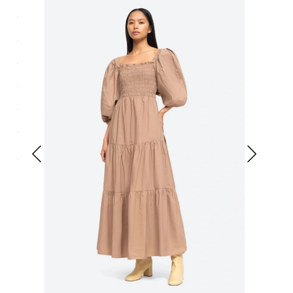 Sea Puff Sleeve Open Back Smocked Cotton Maxi Midi Dress - Picture 2 of 7